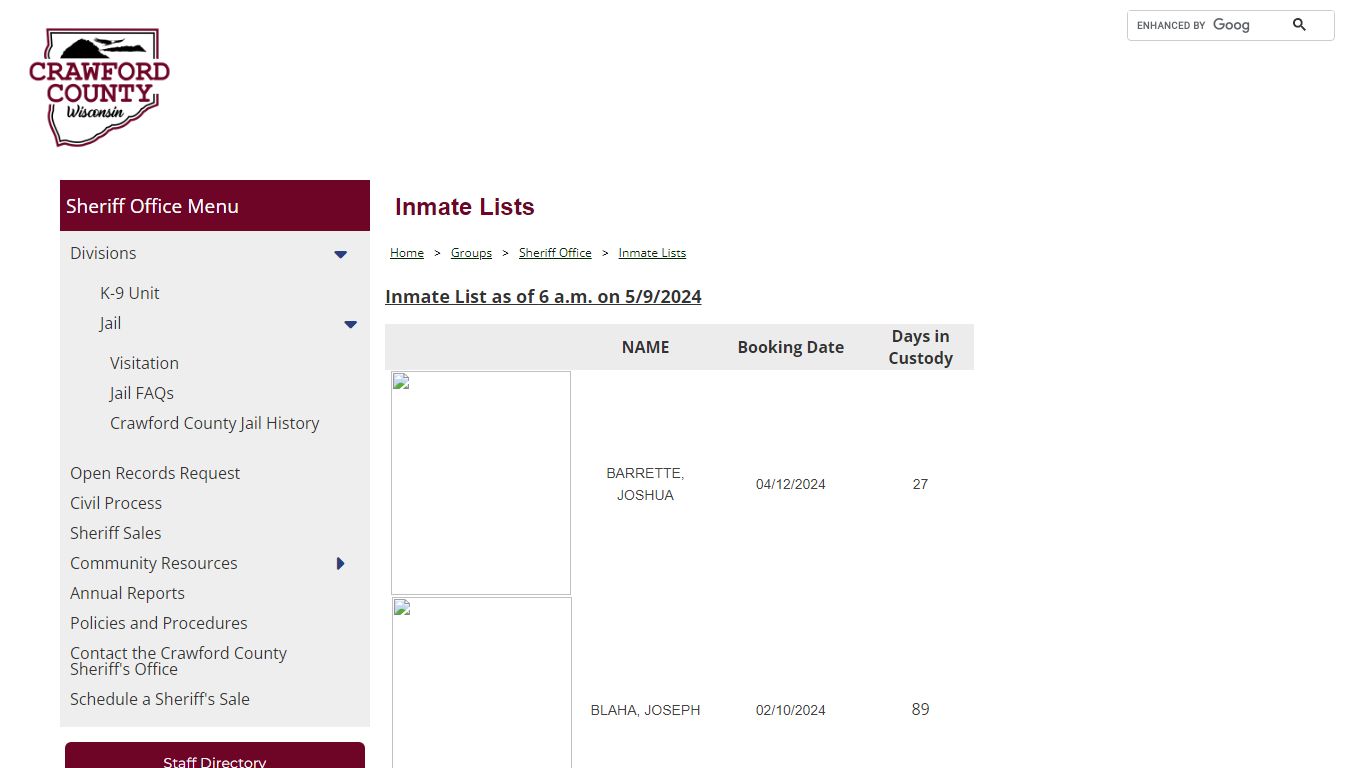 Official Website for Crawford County Wisconsin - Inmate Lists